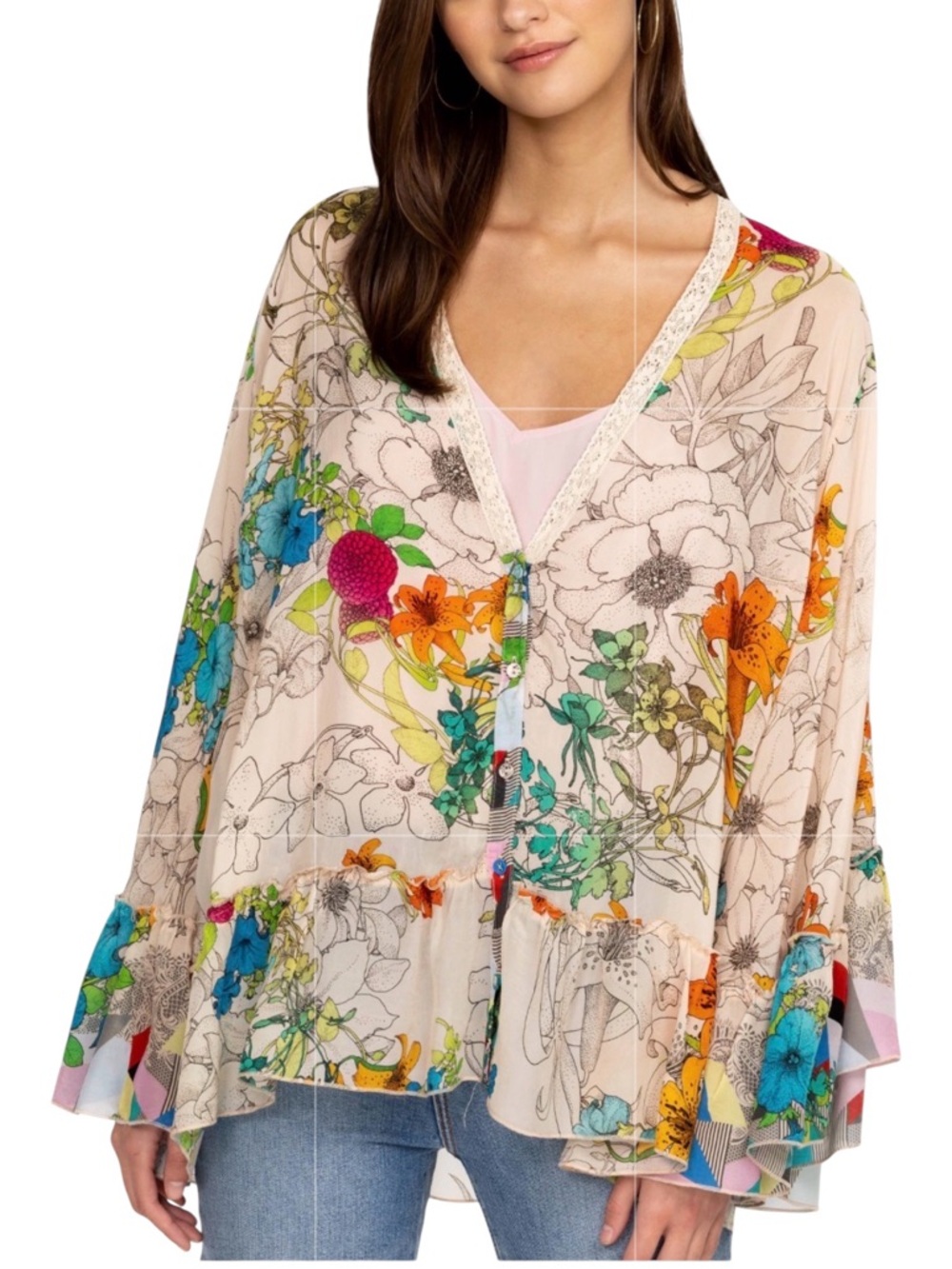 JOHNNY WAS  OVERSIZED SEQUENCE GEORGINA FLORAL BOHO RESORT WEAR KIMONO SZ XS